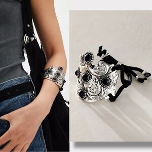 Free People Bohemian Witchy Ornate Coronation Cuff Bracelet Black Silver NWT